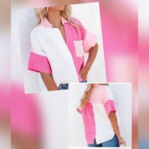 Dokotoo Pink and White Colorblock Shirt